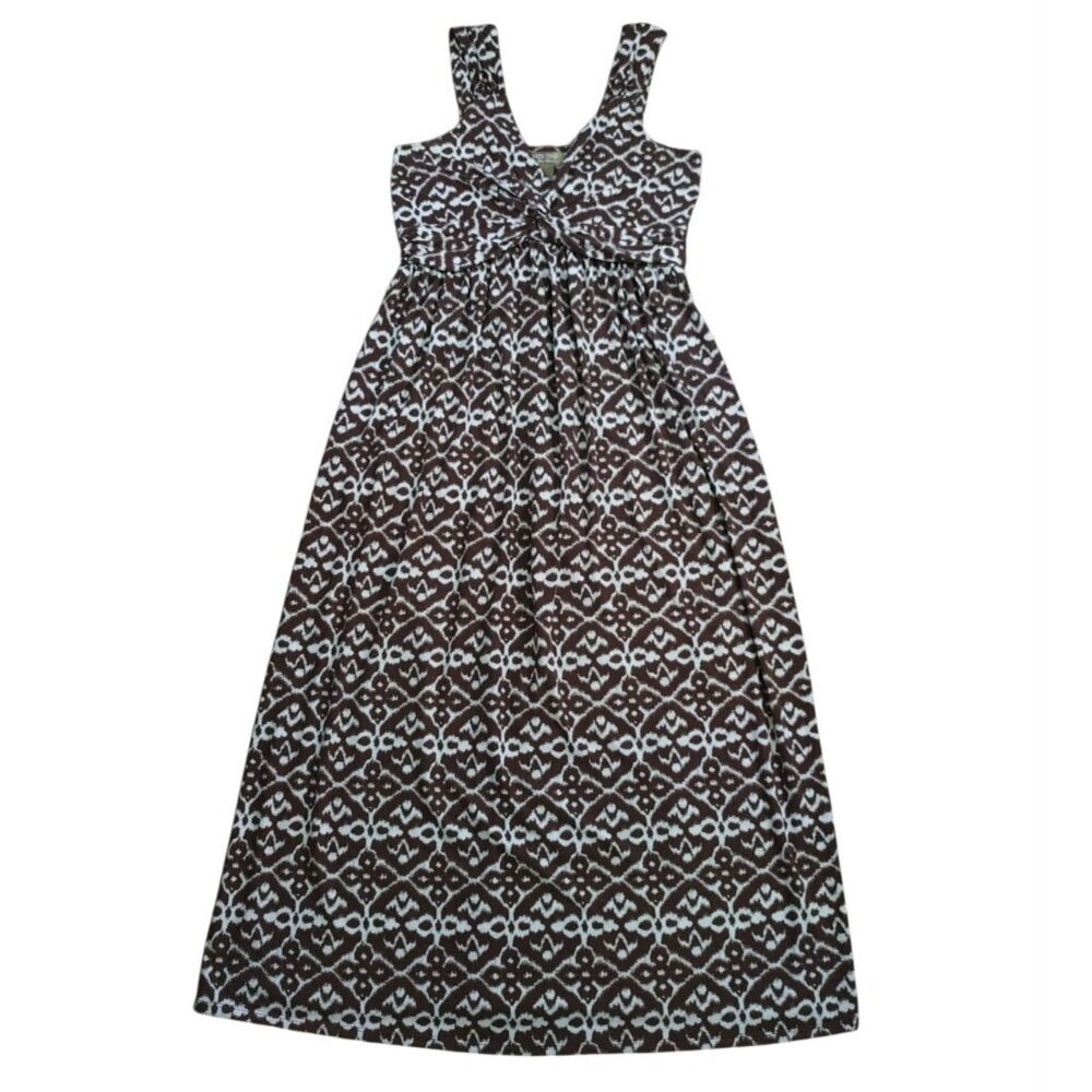 Miss Tina by Tina Knowles Ikat Print Maxi Dress Brown White Twist Front, M 8-10